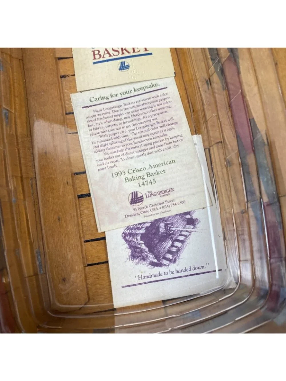 Longaberger 1993 Crisco American Baking Basket 14745 Leather Handles NOS Liner